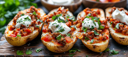 Four Delicious Stuffed Baked Potatoes with Sour Cream and Fresh Herbs on a Wooden Boardの素材