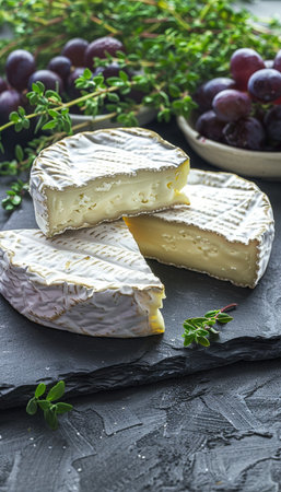 Camembert Cheese on Slate, French Delight with Grapes and Thyme. Gourmet Cheese Selection.の素材