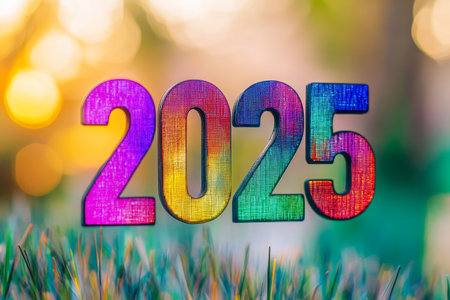 2025 Colorful Wooden Numbers on Green Grass, New Year Concept Background with Abstract Bokehの素材