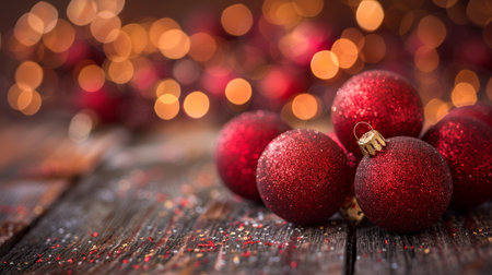 Red Christmas Baubles on Rustic Wooden Table with Sparkling Gold Bokeh Lights Backgroundの素材