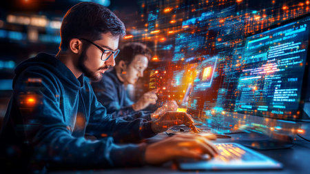 Programmers Working With Holographic Code Display. Software Development, Programming Concept.の素材