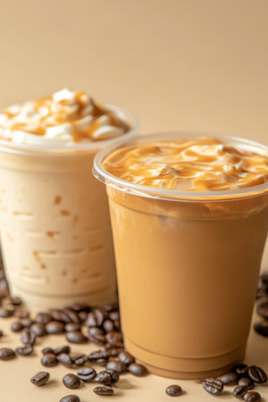 Two Iced Caramel Macchiatos in Plastic Cups, Isolated on a Beige Background With Coffee Beans.の素材