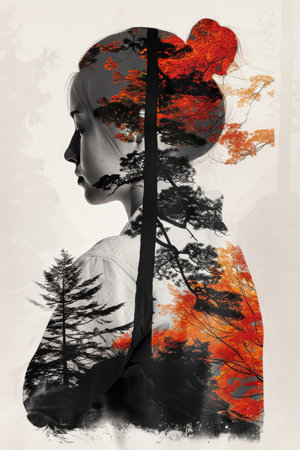 Double Exposure Portrait, Woman Merging with Burning Forest, Climate Change, Conservationの素材