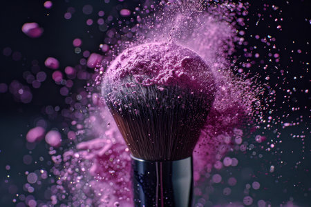Close-Up of Makeup Brush with Exploding Purple Powder, A Vibrant Image for Beauty and Cosmeticsの素材