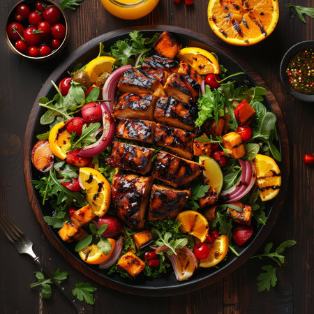 Grilled Chicken Salad With Roasted Vegetables, Citrus Fruits on Rustic Wooden Table, Top View.の素材