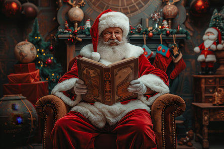 Santa Claus Reading Antique Book, Christmas Spirit by Fireplace. Festive Holiday Setting.の素材