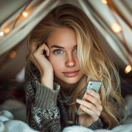 Beautiful blonde woman relaxing inside a tent, looking at camera and using smartphone.の素材