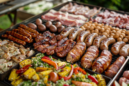Grilled Meats and Vegetables Feast A Colorful BBQ Spread of Sausages and Side Dishes.の素材