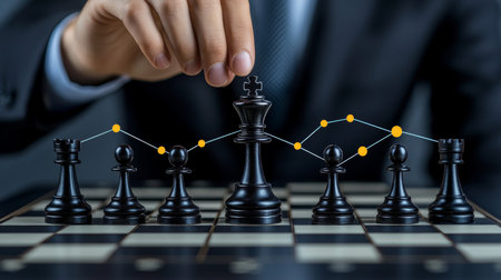 Business Strategy and Planning, Hand Moving King Chess Piece with Connected Network Diagram on Boardの素材