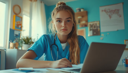 Young Nurse in Blue Scrubs at Desk with Laptop Reviewing Documents in Medical Officeの素材