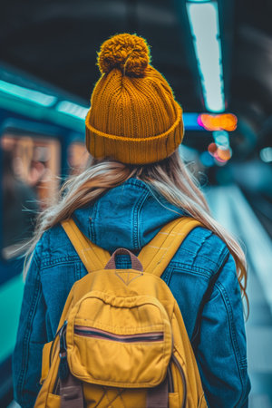 Young Woman with Yellow Beanie and Backpack Waiting in Subway Station, City Commute Conceptの素材