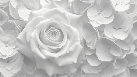 Single White Rose And Hydrangea Blossoms, Romantic Floral Background For Valentines Dayの素材