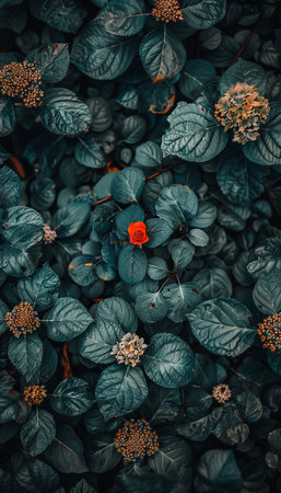 Single Red Flower Among Dense, Dark Green Foliage, Contrasting Colors, Floral Backgroundの素材