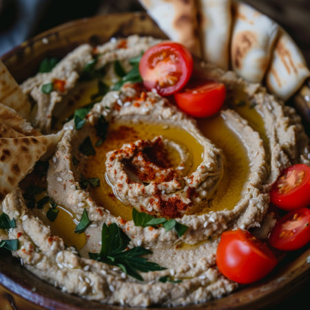 Closeup, Rustic Bowl Filled with Creamy Hummus Garnished with Olive Oil and Cherry Tomatoesの素材
