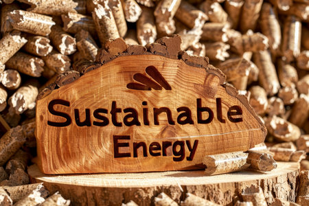 Rustic wooden sign with  sustainable energy  inscription amidst a pile of wood pelletsの素材