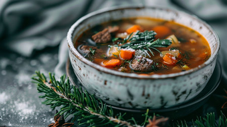 Bowl of hearty beef stew with rosemary  vegetables, comfort food photography for your blogの素材