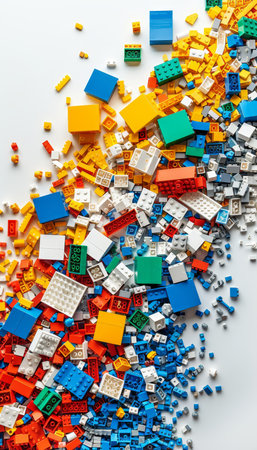Vivid and Colorful A Scattered Collection of Plastic Construction Blocks on White Backgroundの素材