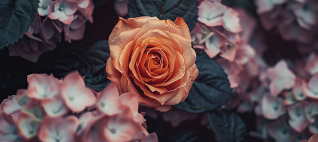 Golden Embrace Minimalist Still Life of Solitary Rose Amidst Pale Purple Hydrangea Blossomsの素材