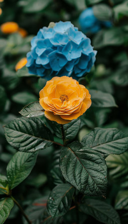 Complementary Color Harmony Vibrant Orange Blossom and Blue Hydrangea in Full Bloom, Garden Sceneの素材