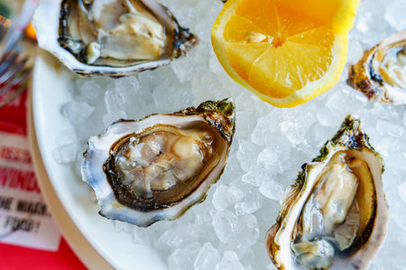 Freshly Opened Oysters on a Bed of Ice with a Lemon Wedge for an Inviting Seafood Experience