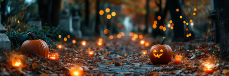 Halloween Pumpkins and Lights on Path, Perfect background for Halloween, copy Space Areaの素材