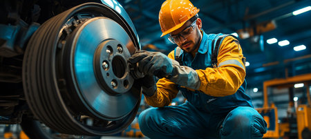 Skilled Mechanic Concentrates on Precision Brake Repair in a Busy Automotive Workshopの素材