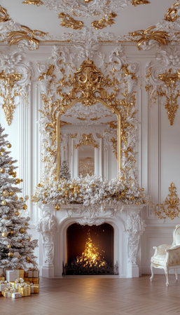 Christmas Cheer Elegant White and Gold Fireplace Decor with Copy Space for Holiday Greetingsの素材