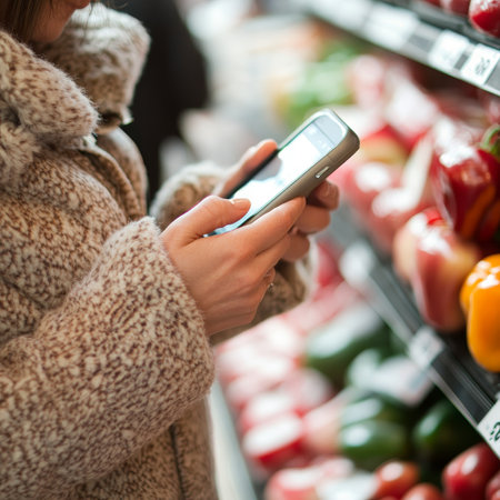 Woman Using Smartphone in Grocery Store, Checking Shopping List App, Consumer Technologyの素材