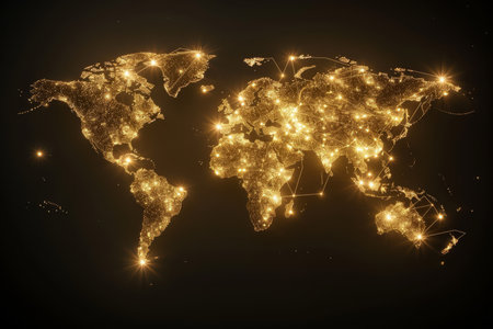 Golden Network Connecting the World at Night, Showcasing Global Connectivity and Interdependenceの素材