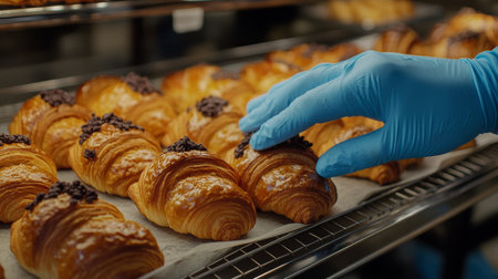 Freshly Baked Chocolate Croissants Close Up of Bakers Gloved Hand Selecting A Pastryの素材