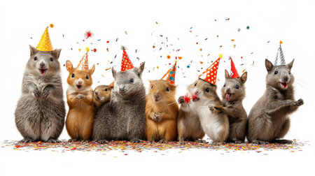 Group of Adorable Squirrels Wearing Party Hats, Celebrating with Confetti on White Backgroundの素材