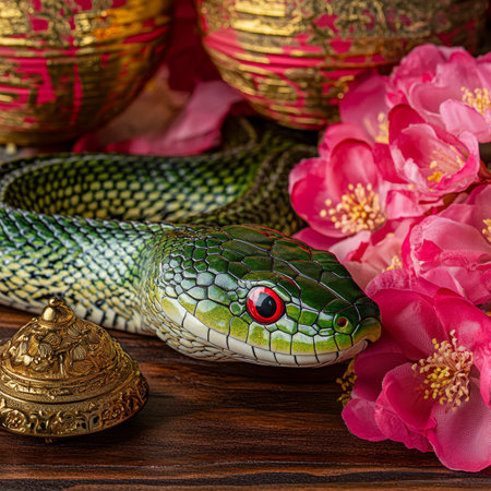 Green Snake with Red Lanterns and Gold Ingots, Symbolism of Chinese New Year Decorations.の素材