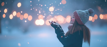 Winter Wonderland Magic Young Woman Throws Sparkling Snowflakes Under Festive Lights at Nightの素材