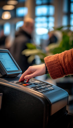 Customer Completes Purchase At Checkout, Entering Information Into Cash Register Systemの素材