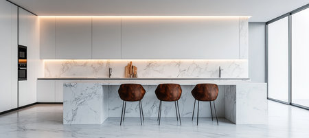 Modern kitchen interior in minimalist style with island, marble splashback and white furnitureの素材