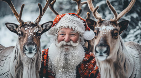 Jolly Old Santa Claus with Real Reindeer, Festive Winter Wonderland Christmas Scene Immersed in Snowの素材