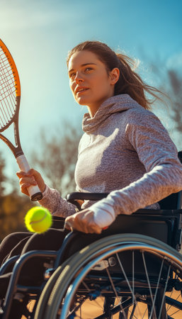 Confident Wheelchair Woman Playing Tennis, Embracing an Active Lifestyle through Adaptive Sportsの素材