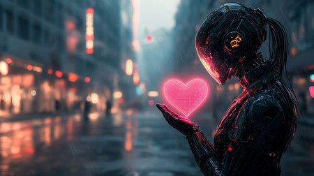 Futuristic Robot Offering Glowing Heart Symbol of AIs Growing Empathy and Emotional Capacityの素材