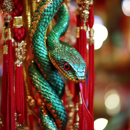 Green Snake Ornament with Red and Gold Traditional Chinese Decoration. Chinese New Year Concept.の素材