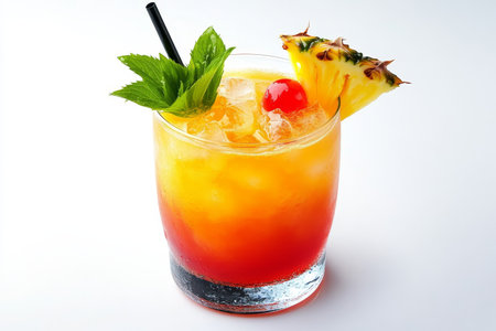 Refreshing Tropical Cocktail with Pineapple and Mint, Isolated on White Background, Close Upの素材
