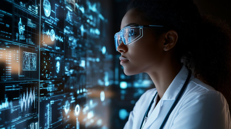 Black Female Doctor Analyzing Healthcare Data on Futuristic Screen, Medical Technology Innovationの素材
