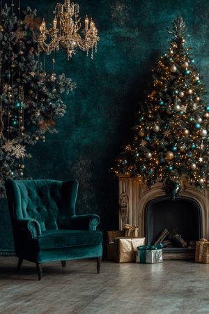 Elegant Christmas Interior, Fireplace, Tree, Comfortable Armchair, Green and Gold Festive Decorの素材