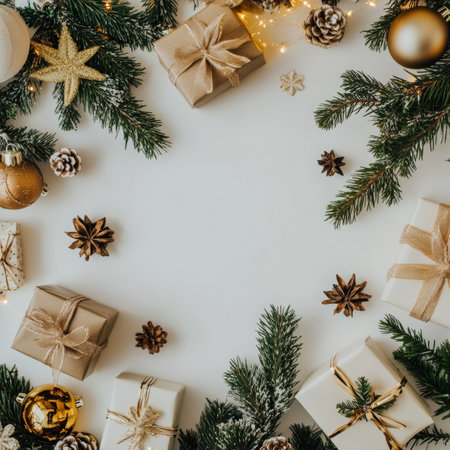 Rustic Christmas. Festive Decorations, Fir Branches, Gifts, Golden Ornaments On White, Copy Spaceの素材