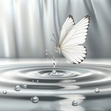 Single White Butterfly on Delicate Silver Wave, Soft Focus, Minimalism, Light  Airy Serenityの素材