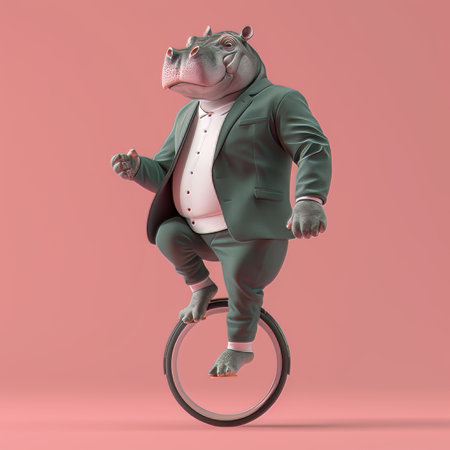 Stylish Hippo in a Suit Balancing on a Unicycle A Playful Concept of Business and Successの素材