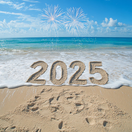 2025 written on the sand. Ocean wave on the summer beach and fireworks. New Year concept.の素材