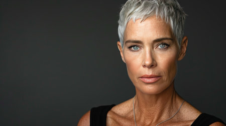 Portrait of a Confident Mature Woman, Short Gray Hair, Serious Expression, Dark Backgroundの素材
