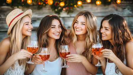 Friends Celebrating Togetherness Joyful Women Toast with Drinks at a Festive Outdoor Partyの素材