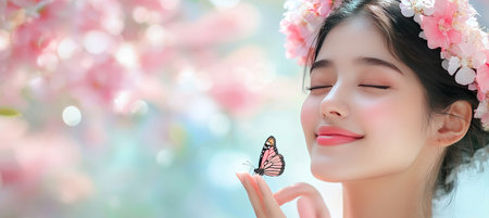 Serene Beauty in Spring Blossom, Woman with Floral Crown and Butterfly, Soft Focus Portraitの素材