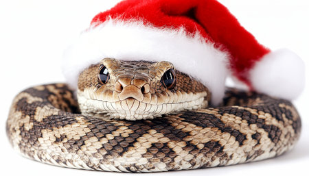Festive Serpent. Close-Up of a Snake Wearing a Santa Hat, Isolated on White Background.の素材